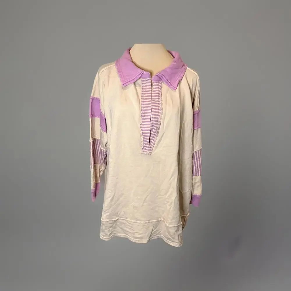 F P We The Free Lavender & Cream Striped Long Sleeve Polo Sweatshirt  Large $128